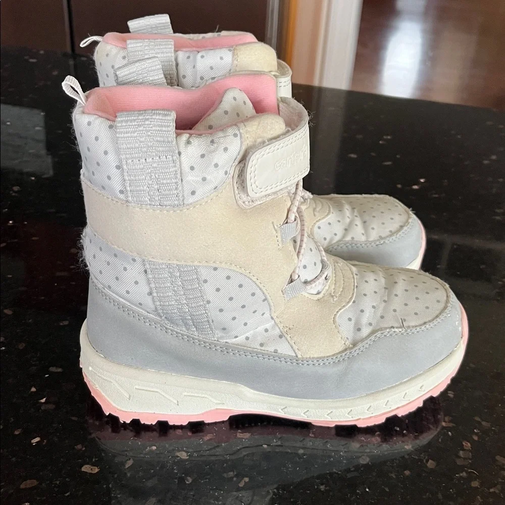 Girls Carter's Snow Boots - Pink and White with Gray Polka Dot